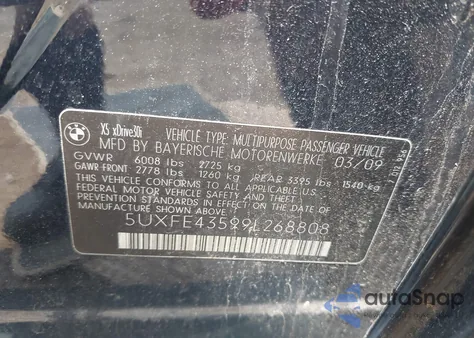 2009 BMW X5 xDrive30I from USA, damaged, VIN 5UXFE43599L268808
